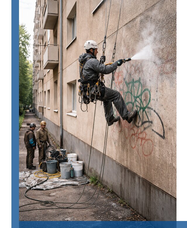 Удаление граффити с фасада в Миассе без следов и повреждений