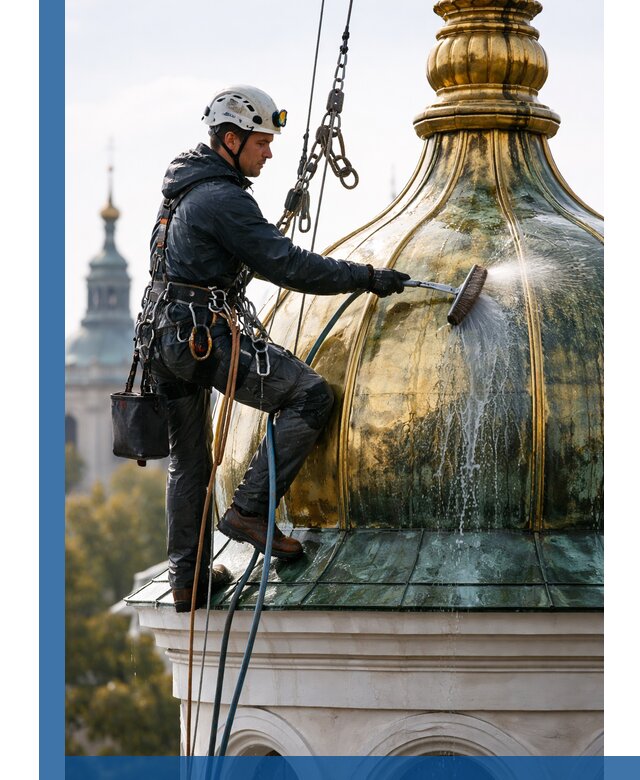 Профессиональная мойка куполов и шпилей высотными альпинистами в Миассе