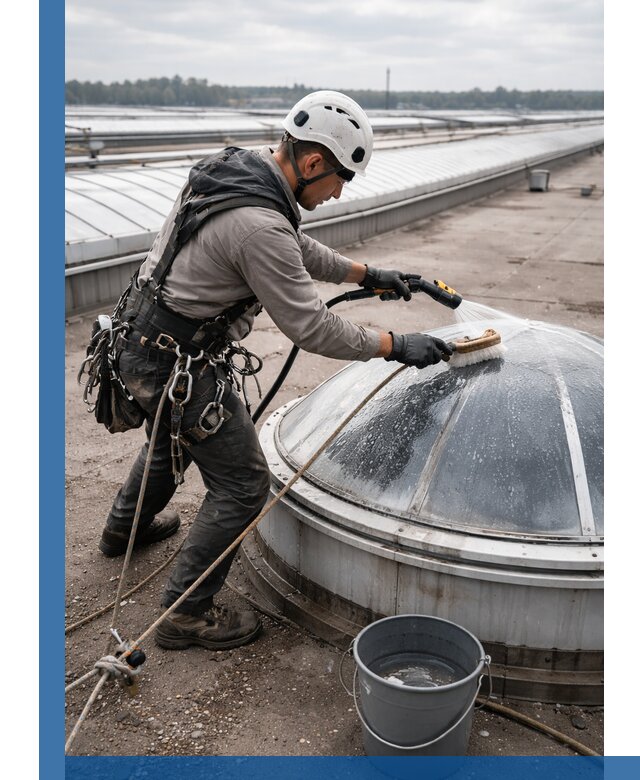 Мойка зенитных фонарей на кровле для промышленных объектов в Миассе