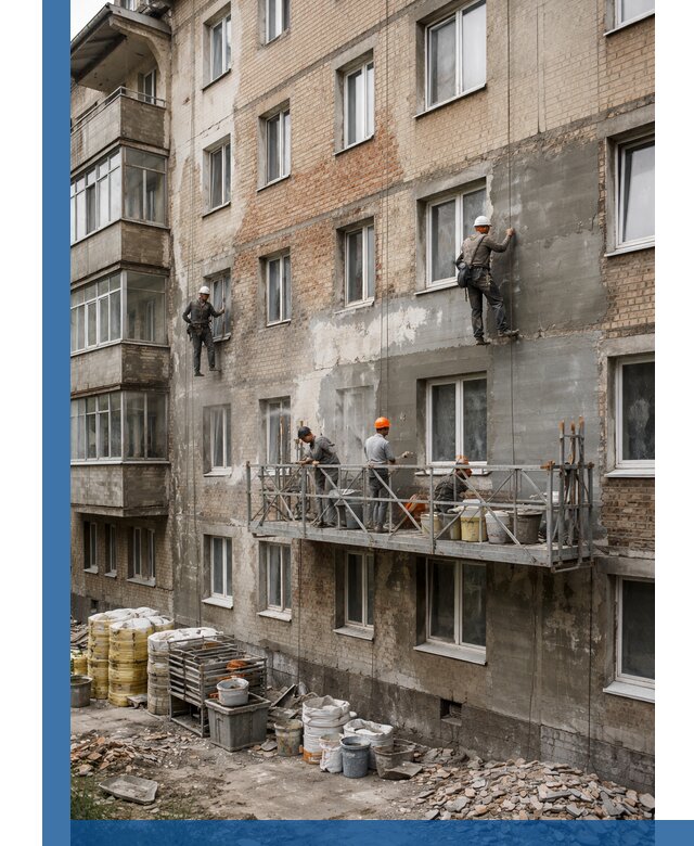 Капитальный ремонт фасада в Миассе с восстановлением и гидроизоляцией