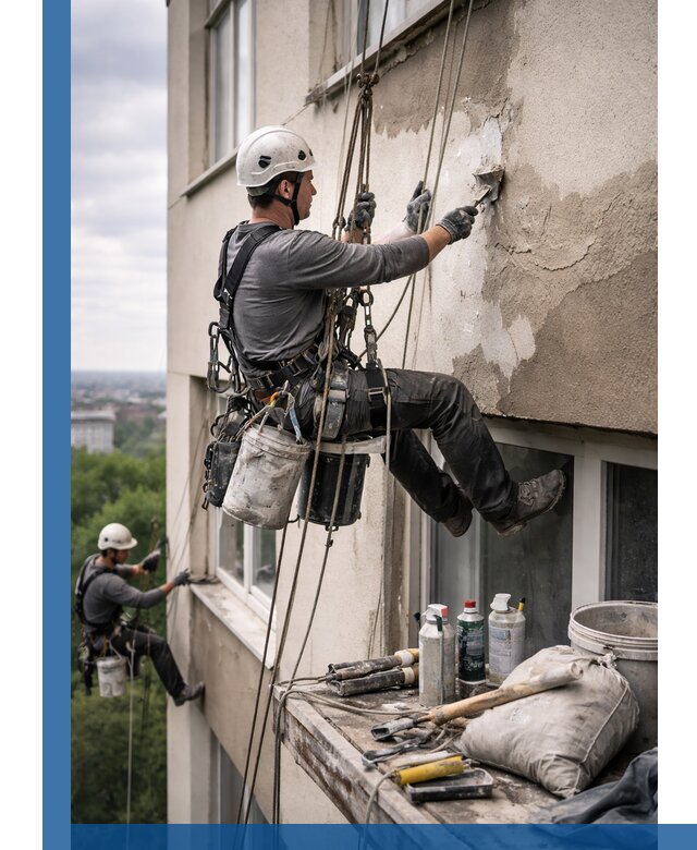 Косметический ремонт фасада зданий в Миассе промышленными альпинистами