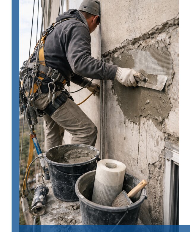 Ремонт бетонных элементов фасада промышленными альпинистами в Миассе