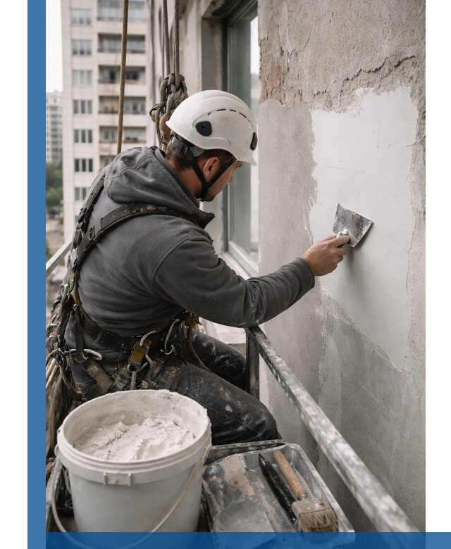 Шпаклевка фасадов на высоте с промальпинистами в Миассе