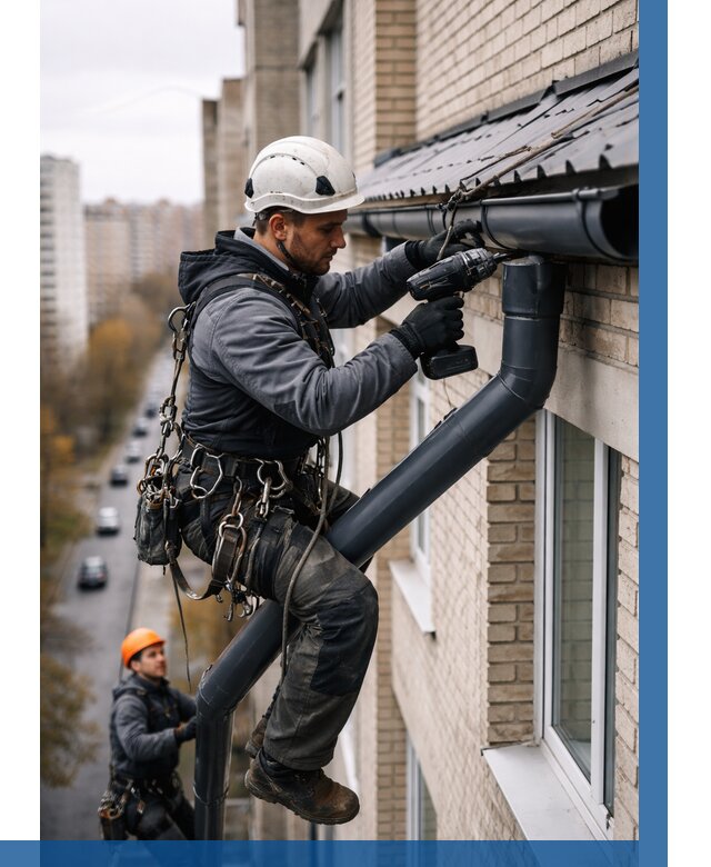 Монтаж водосточной системы на здании в Миассе от 5085 р. | ВЫСОТНИК-Мсс