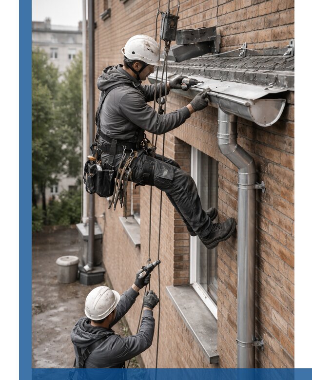 Монтаж водосточной системы на здании в Миассе под ключ