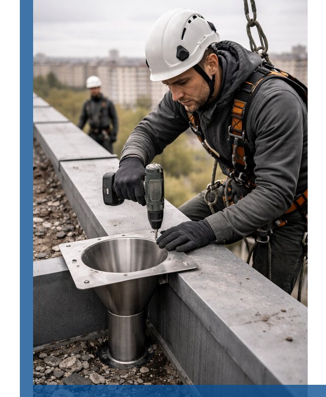 Монтаж водосточных воронок в Миассе для промышленных зданий