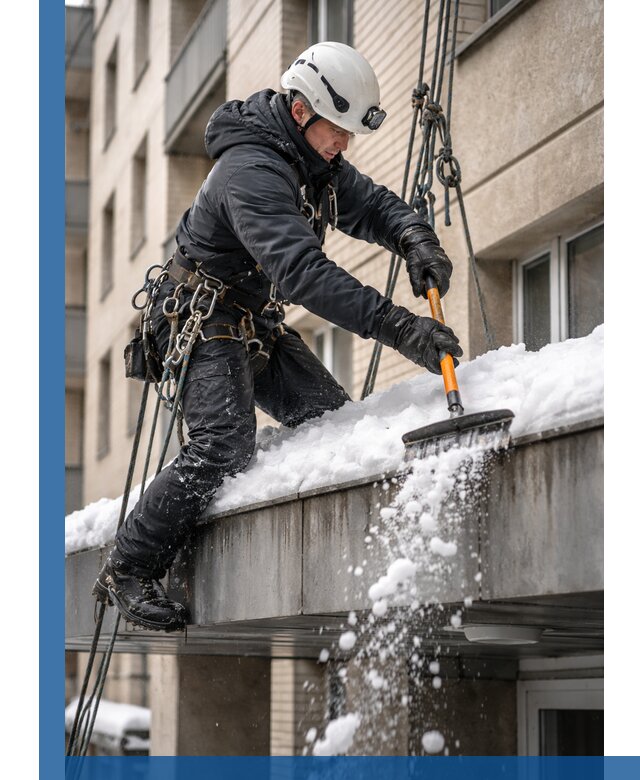 Очистка козырьков от снега в Миассе круглогодично безопасно