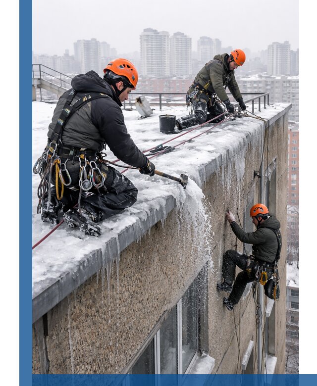 Удаление наледи с кровли в Миассе промышленными альпинистами