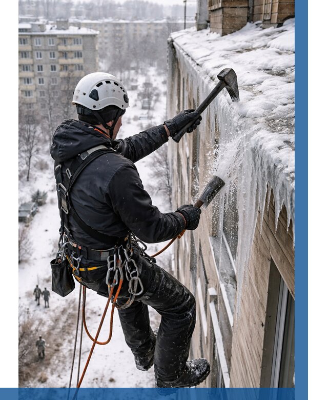 Сбивание сосулек с крыши в Миассе по цене от 4577 р. | ВЫСОТНИК-Мсс