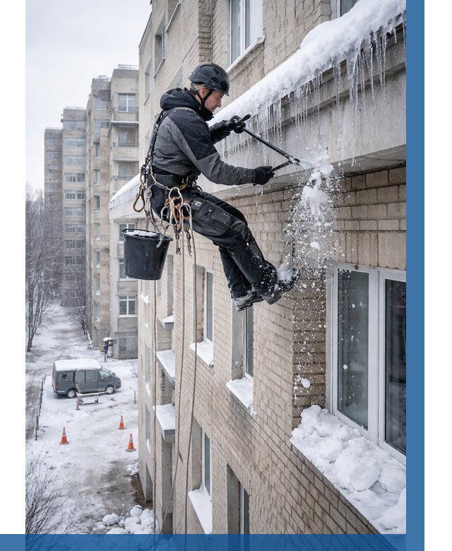 Удаление наледи с карнизов в Миассе от 356 р. | ВЫСОТНИК-Мсс