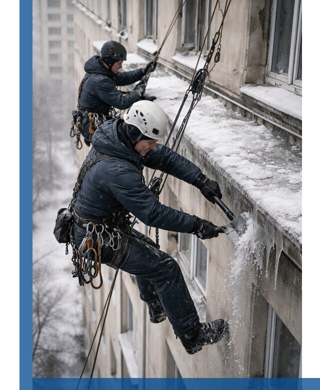Удаление наледи и сосулек с карнизов в Миассе профессионально