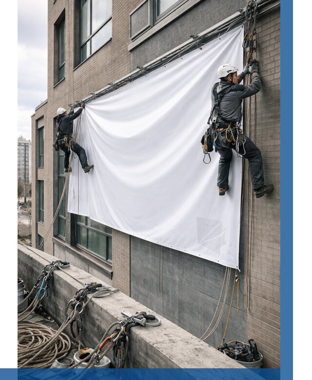 Монтаж баннеров на фасаде в Миассе от 661 р. заказать ВЫСОТНИК-Мсс