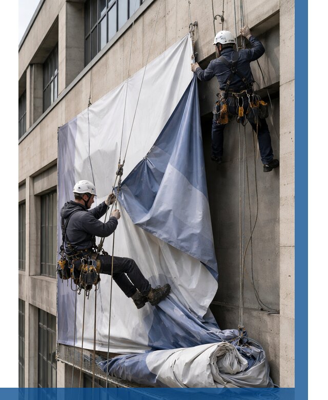 Демонтаж баннеров с фасада в Миассе от 4577 р. | ВЫСОТНИК-Мсс