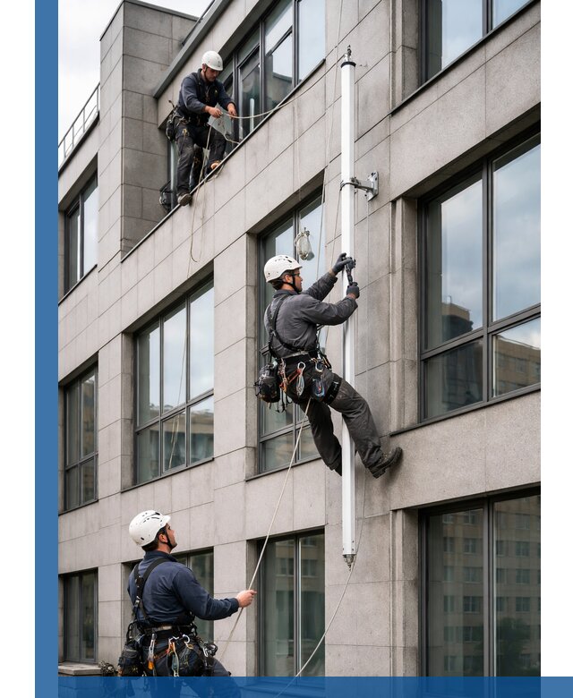 Монтаж флагштока на фасаде здания с креплением и герметикой в Миассе