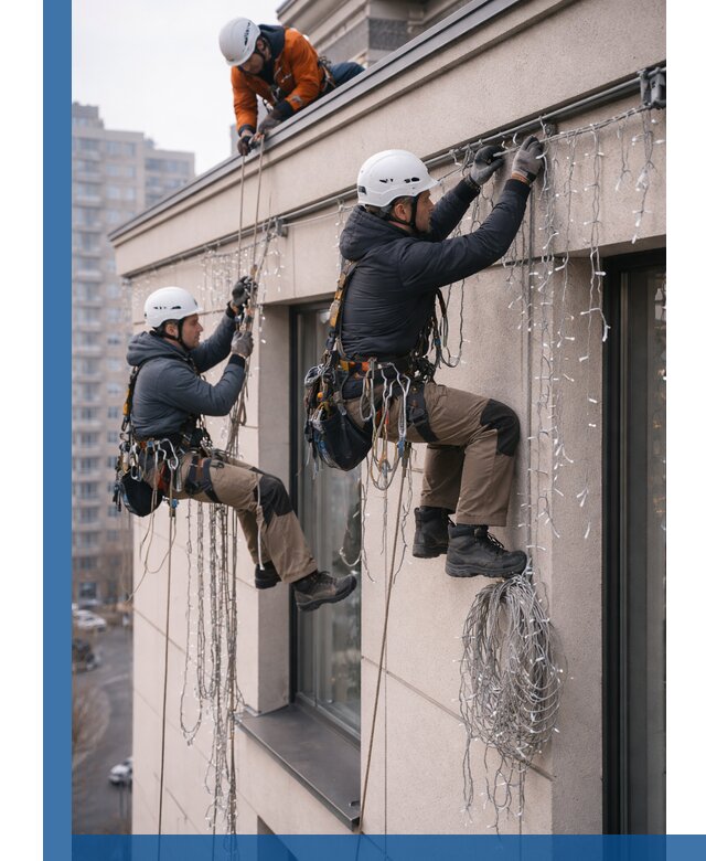 Монтаж праздничных гирлянд на фасаде в Миассе для зданий