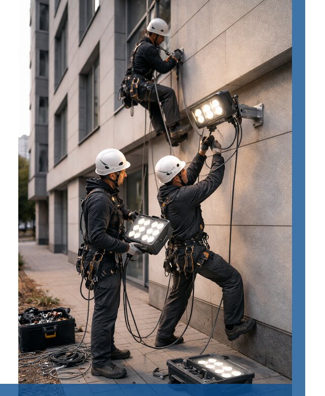 Монтаж прожекторов на фасаде в Миассе от 7628 р. | ВЫСОТНИК-Мсс