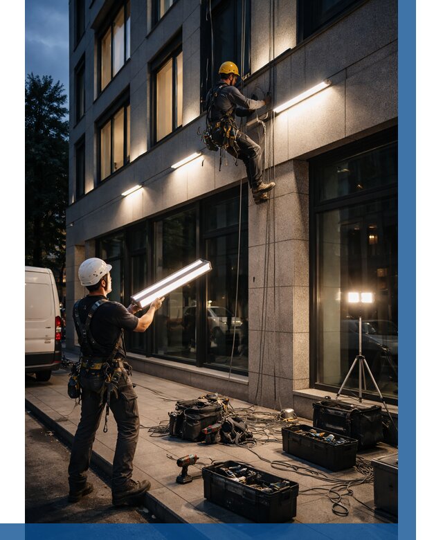 Монтаж архитектурной подсветки здания в Миассе от 2543 р.|ВЫСОТНИК-Мсс