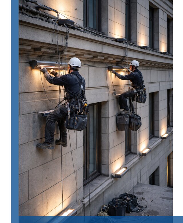 Монтаж архитектурной подсветки фасадов зданий в Миассе