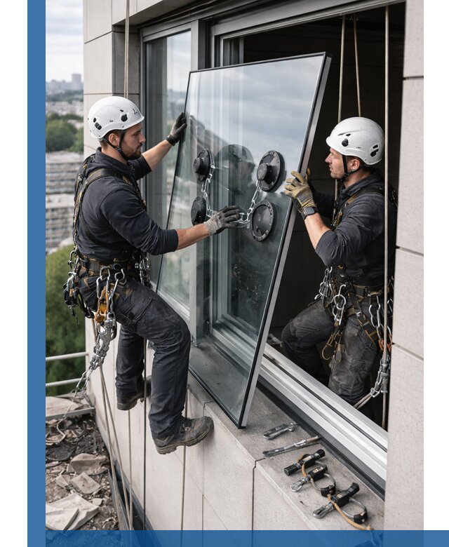 Замена стеклопакетов на высоте с промышленными альпинистами в Миассе