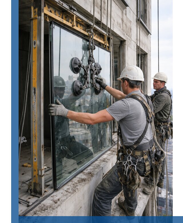 Монтаж стеклопакетов на высоте в Миассе с промышленным альпинизмом