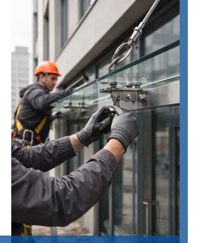 Монтаж стеклянных козырьков в Миассе от 8645 р. | ВЫСОТНИК-Мсс