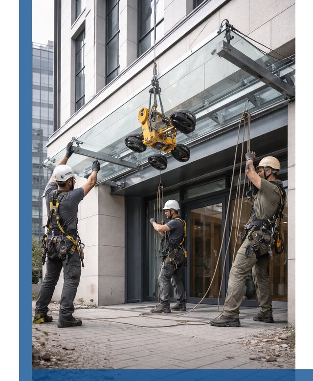 Монтаж стеклянных козырьков под ключ в Миассе для зданий