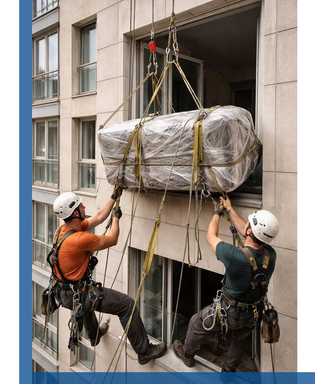 Подъем грузов через окно в Миассе промышленными альпинистами