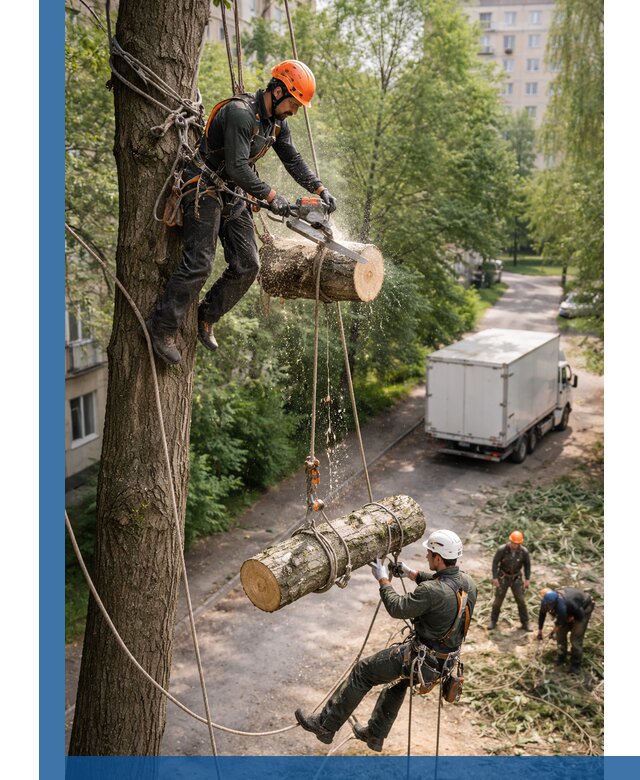 Спил деревьев альпинистами в Миассе, безопасно и без повреждений