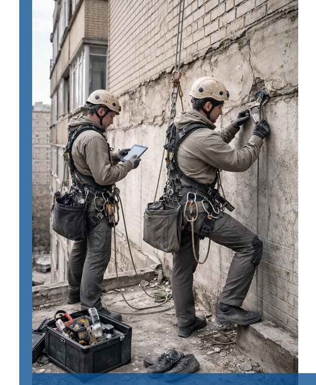 Обследование фасада промышленными альпинистами в Миассе